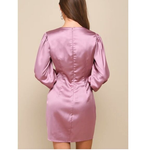 Lulus Sleek Beauty Mauve Purple Satin Smocked Long Sleeve Mini Dress Small NWOT - Picture 3 of 5